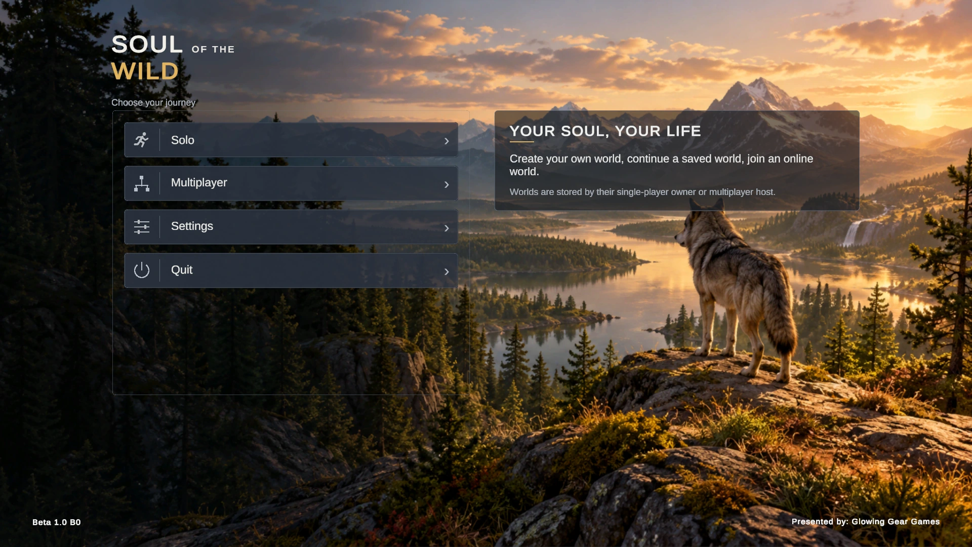 Soul of the Wild in-development menu with the title, menu options, and wolf landscape
